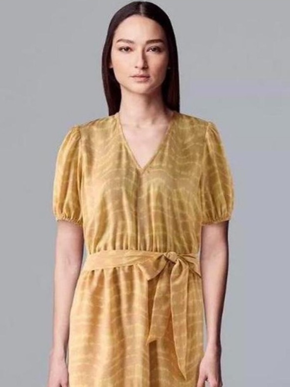 Simply Vera Vera Wang Mustard Yellow V-Neck Tie-Waist Asymmetrical Dress Size L